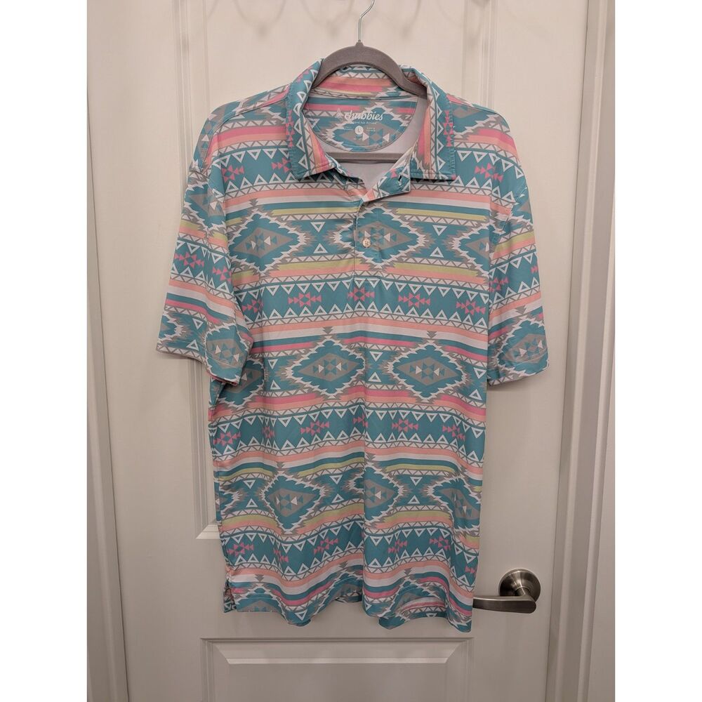 Chubbies Size L Performance Polo Shirt Southwestern Aztec Geometric Teal Pink